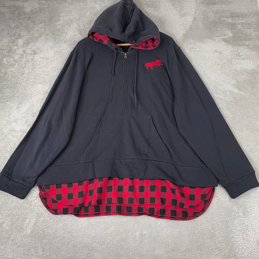 Back In The Saddle Hoodie Womens 2X Black Red Horse Buffalo Plaid Quarter Zip